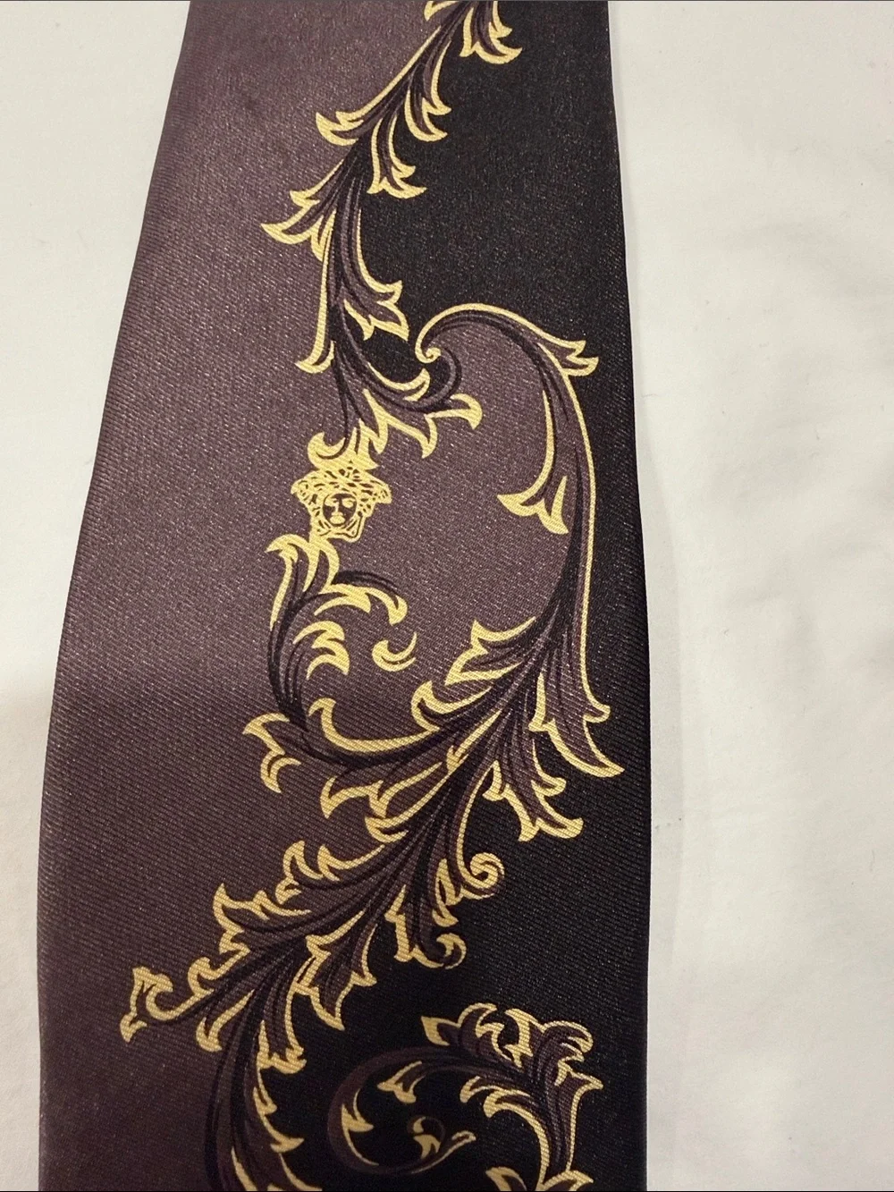 Versace Brown Silk Tie with Gold Baroque Scroll Motif